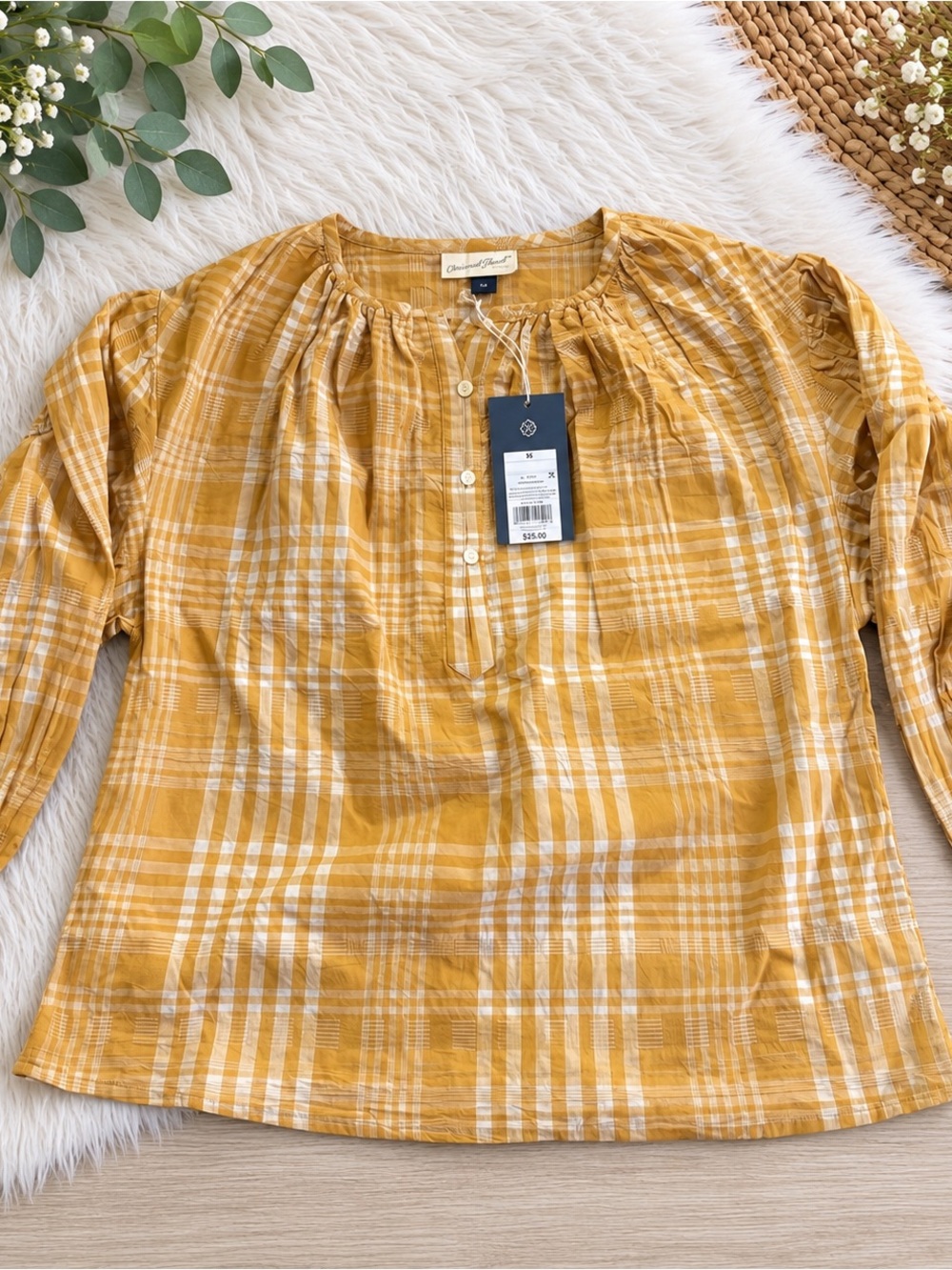 Charter Club Mustard Plaid Peasant Blouse